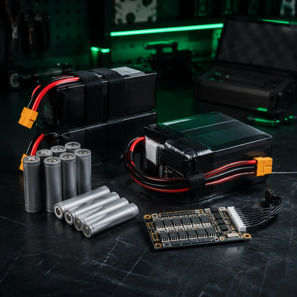 UAV battery power management concept — lithium polymer and lithium-ion battery packs with BMS, charging station and power distribution on dark engineering bench