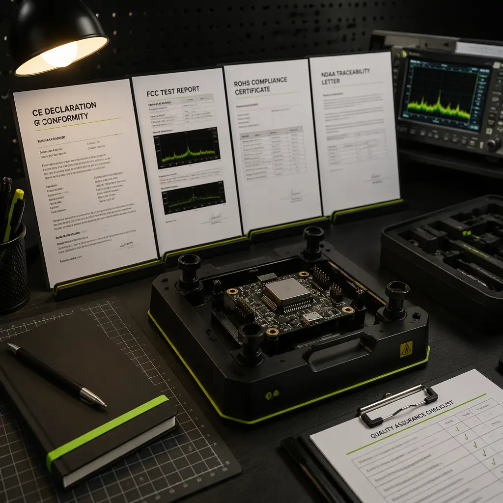 UAV component certification documents — CE declaration, FCC test report, RoHS compliance certificate — arranged on dark engineering desk with flight controller in testing jig, professional regulatory compliance aesthetic