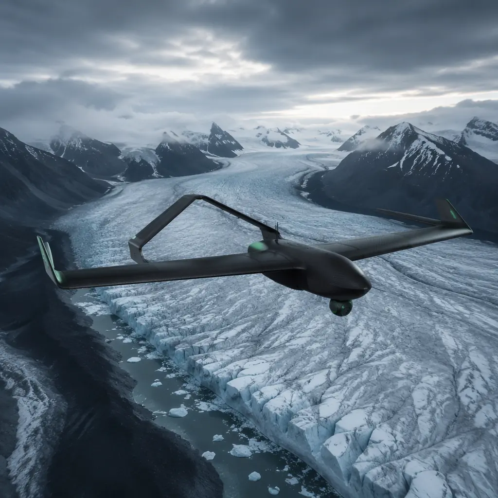 Environmental monitoring UAV flying over glacier with sensor payload and solar panels, dark tech aesthetic with ice blue accents
