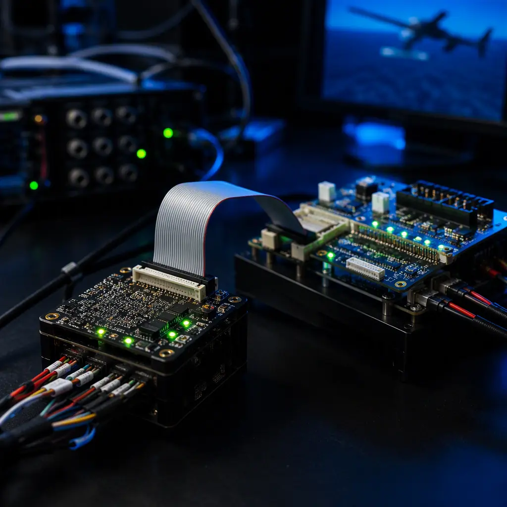 Professional photography of a UAV flight controller connected to a hardware-in-the-loop simulator rig with ribbon cables and interface boards on a dark test bench, green LED indicators, engineering lab aesthetic, no people faces, no text, no logos