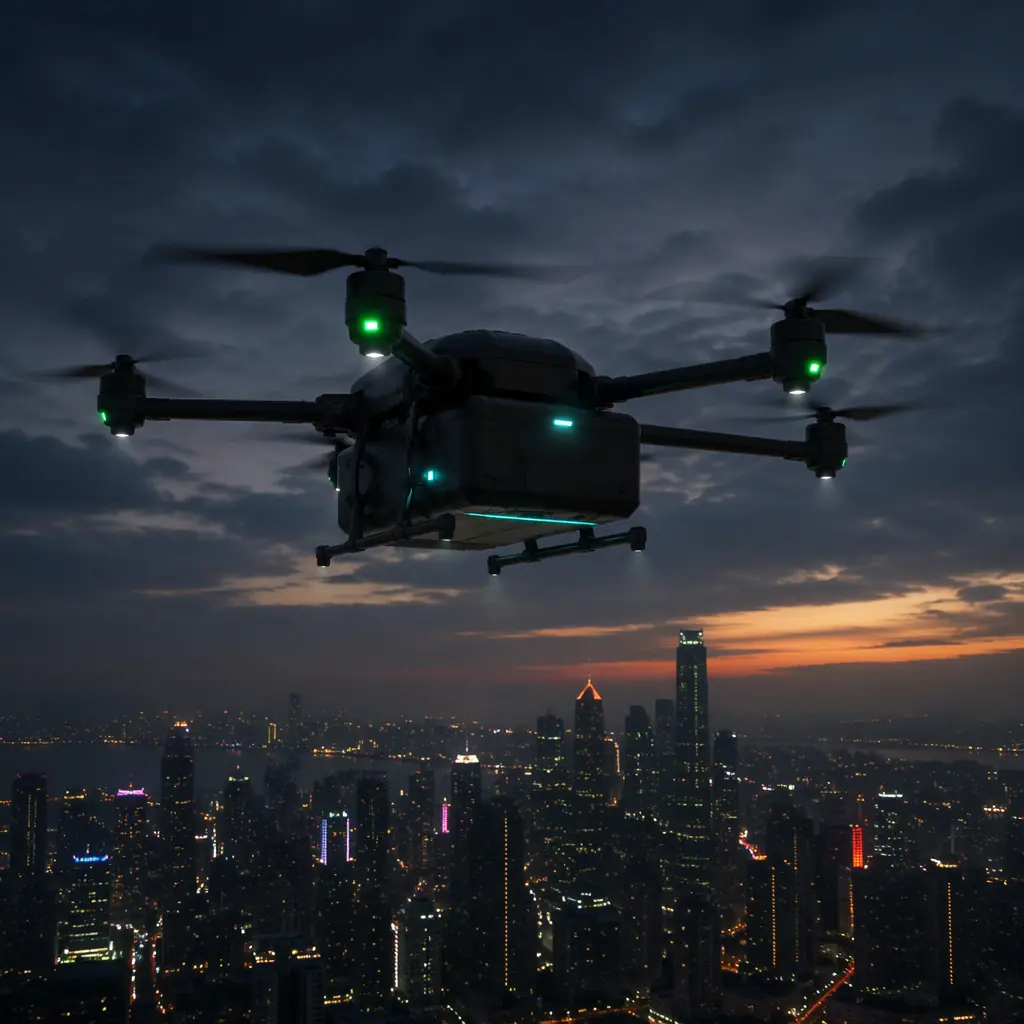 Cargo delivery drone with payload bay and navigation systems over urban landscape, dark industrial engineering aesthetic