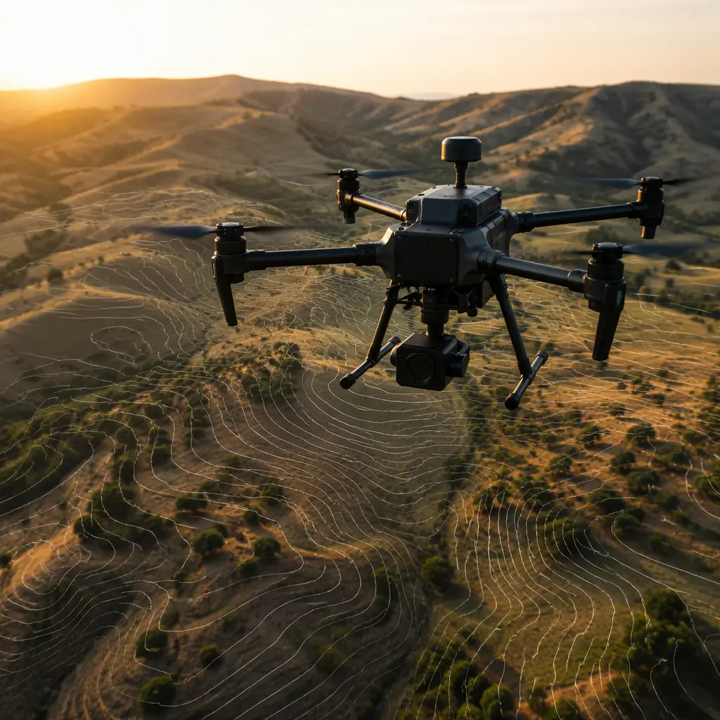 Aerial mapping UAV components — drone with survey-grade camera and GNSS receiver over topographic terrain, professional engineering aesthetic