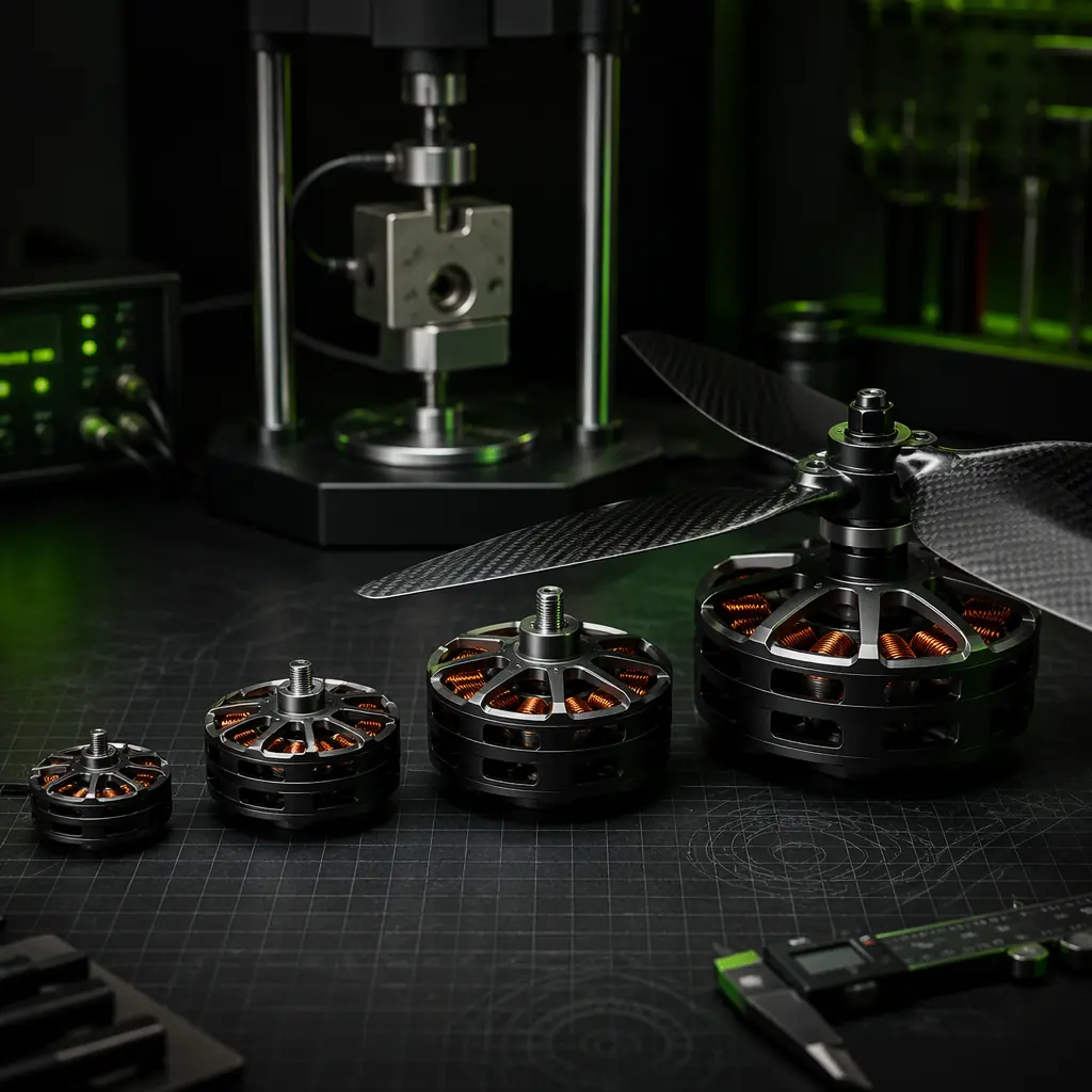 Collection of industrial UAV brushless motors of different stator sizes and KV ratings arranged on dark engineering workbench — 22mm to 62mm stators, carbon fiber propellers, test stand with thrust sensor in background, professional propulsion engineering aesthetic with green accent lighting