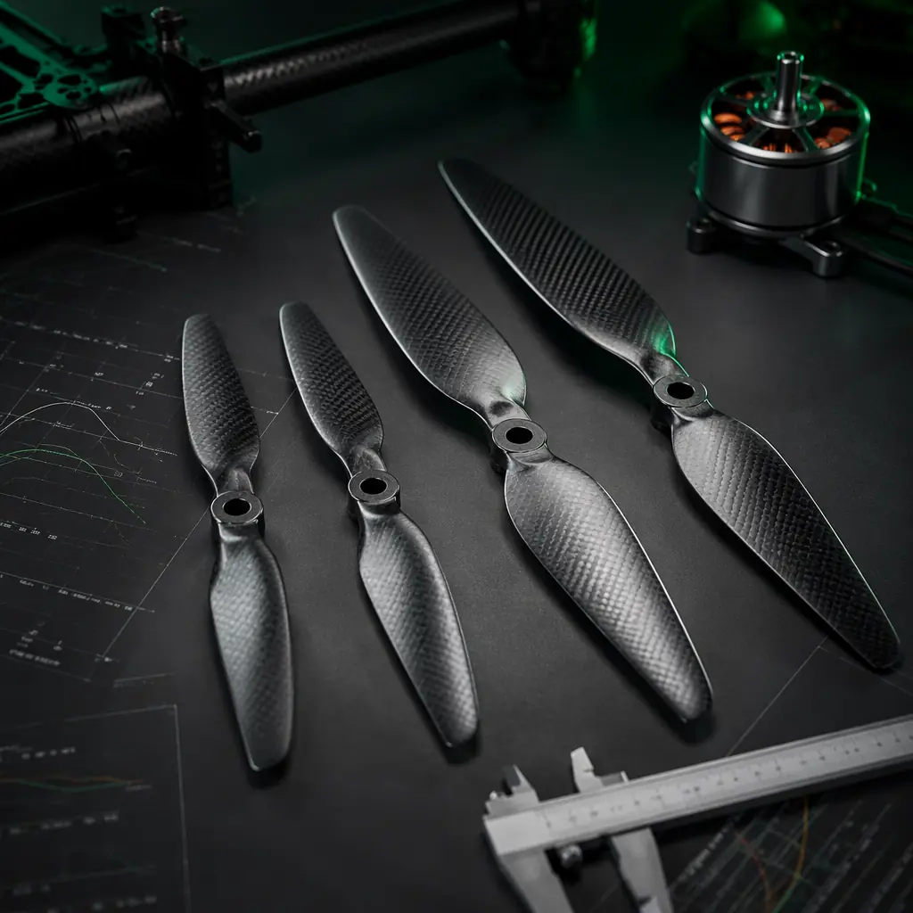 Carbon fiber UAV propellers of varying diameters and blade counts arranged on a dark engineering workstation with thrust test data sheet, professional aerospace component photography