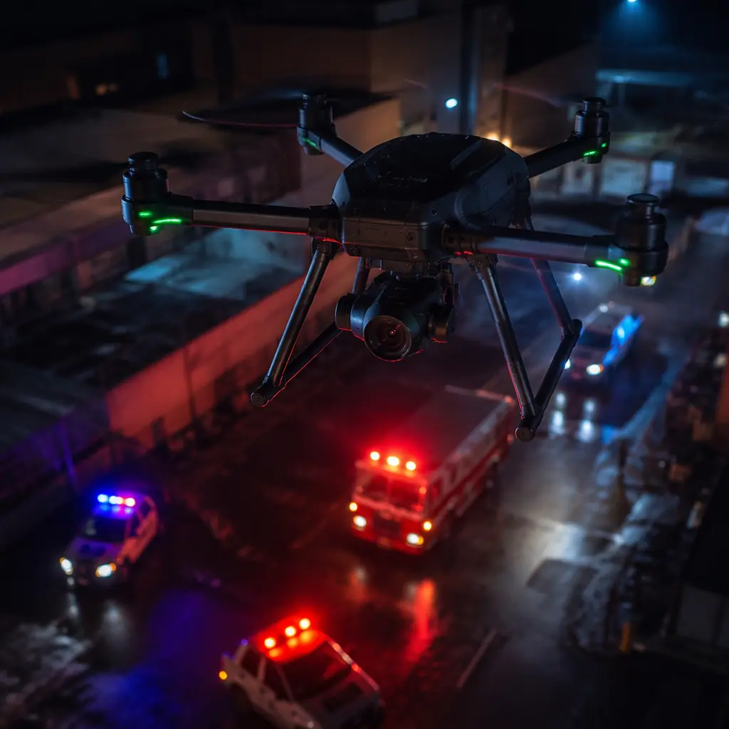 Public safety UAV with thermal camera and encrypted data link flying over urban emergency scene at night, dark tactical aesthetic with emergency lighting