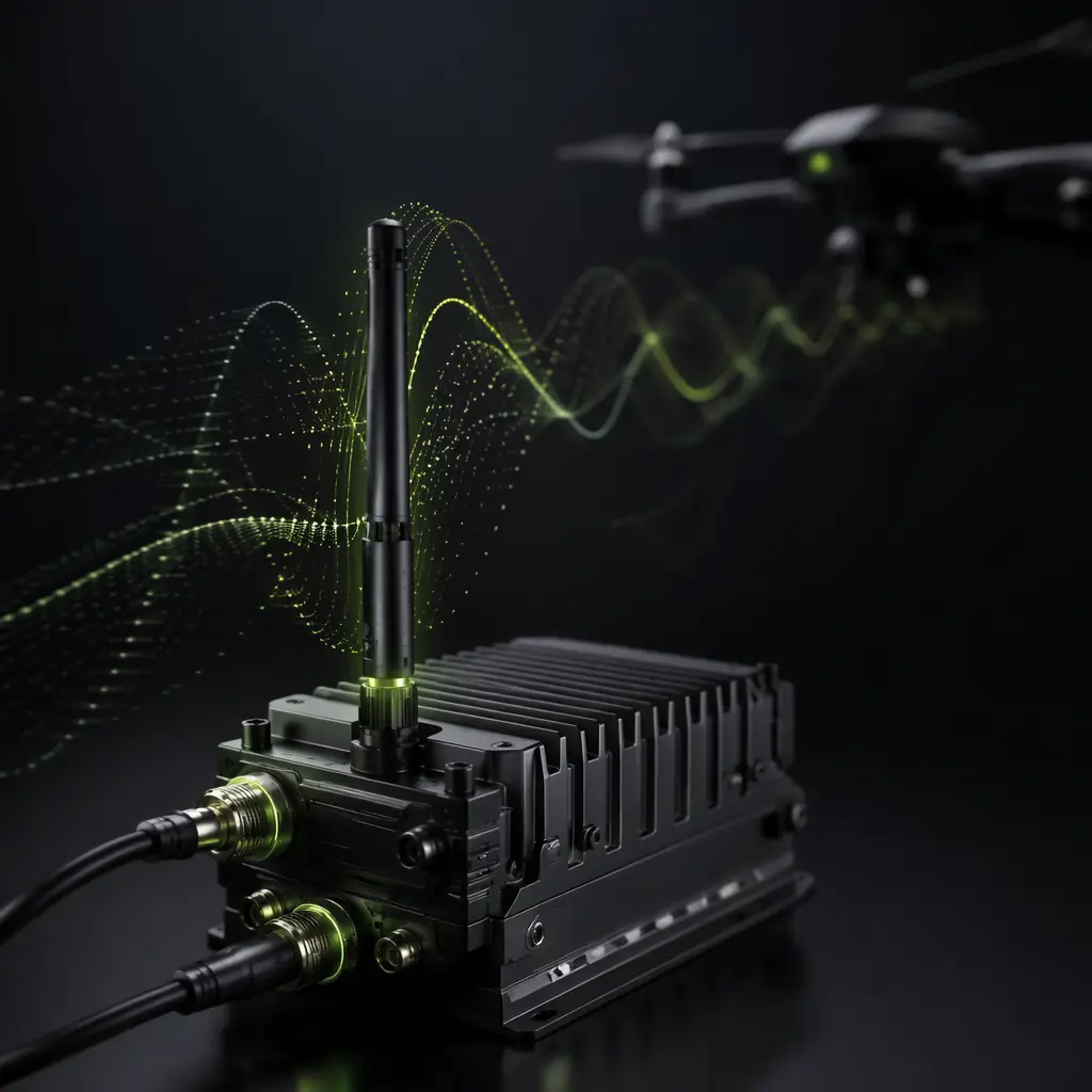 UAV RF communication systems concept — radio antennas and signal waveforms in dark tech aesthetic