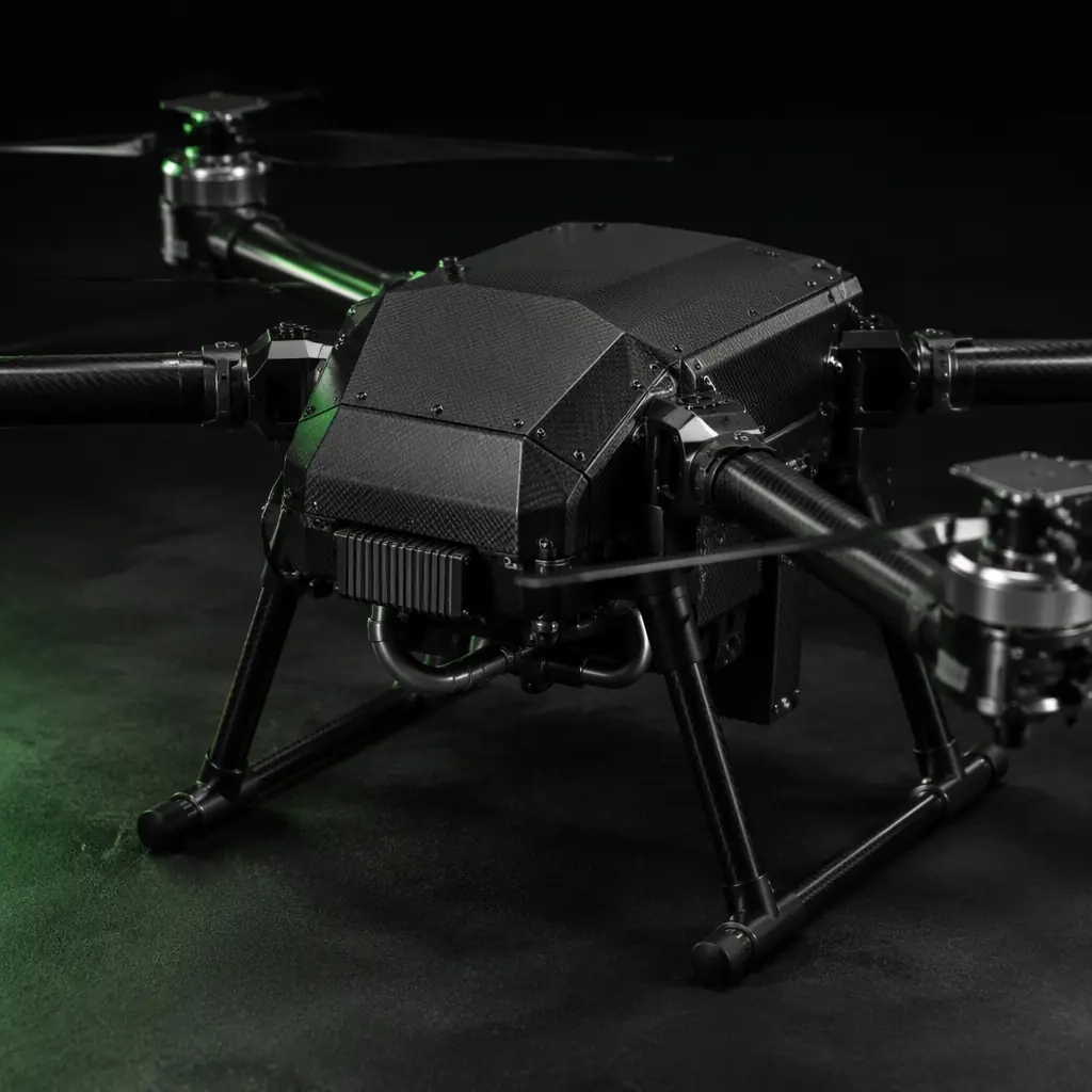 Carbon fiber agricultural drone airframe with chemical-resistant coating and sealed electronics bay, dark industrial workshop lighting