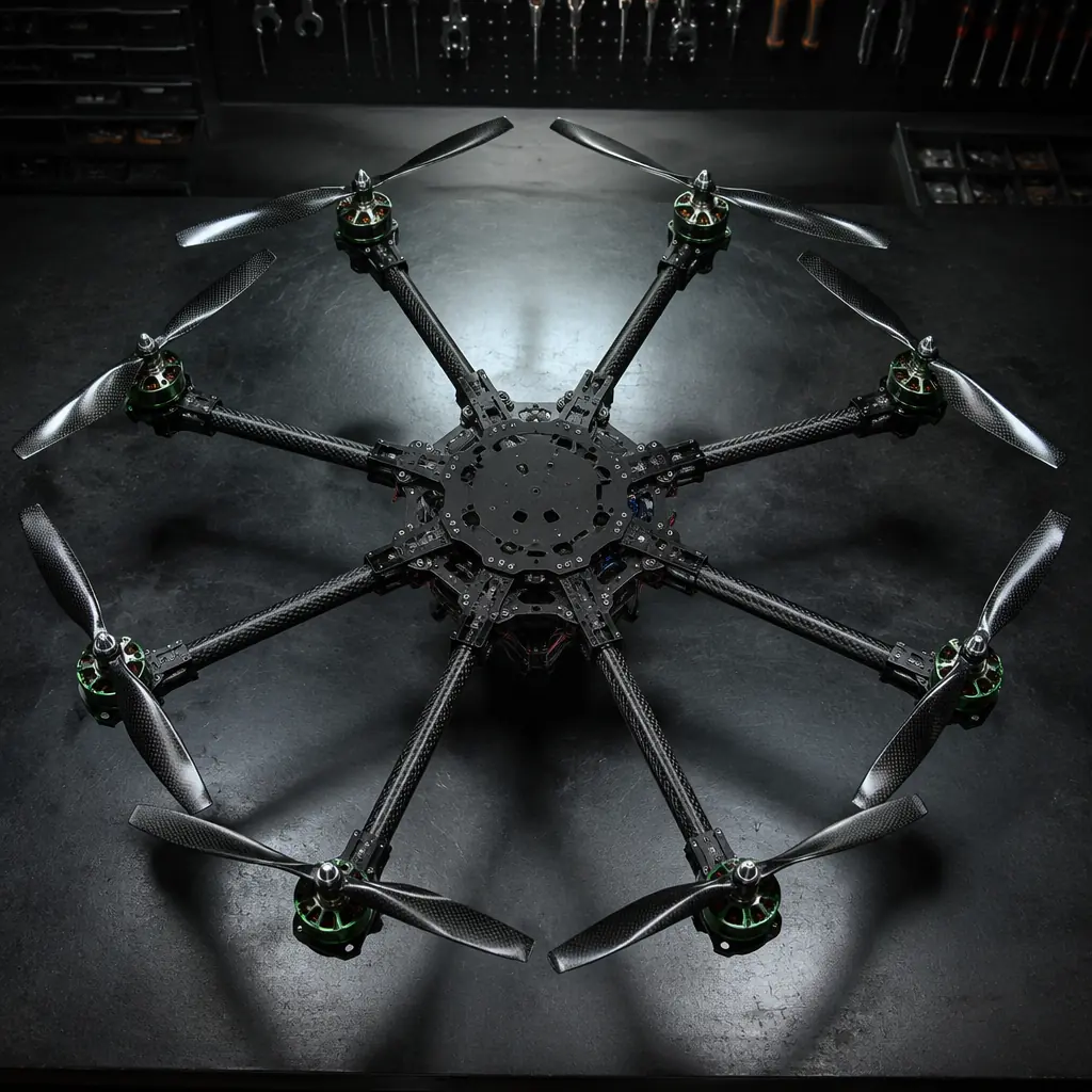 Eight-motor octocopter propulsion system with 30-inch propellers for agricultural spraying drone, dark technical workshop aesthetic