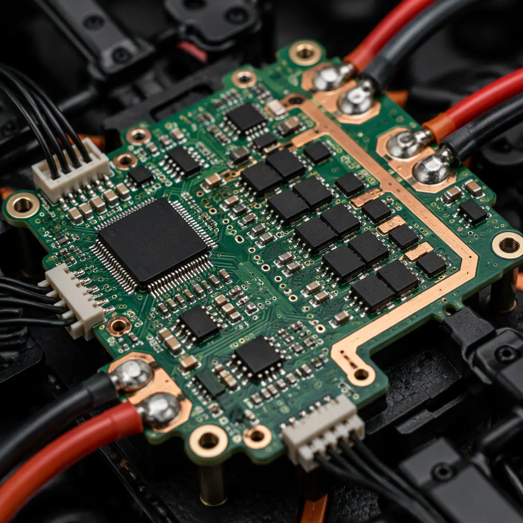 Battery management system PCB with cell monitoring connectors and balance leads, mounted on UAV power distribution board