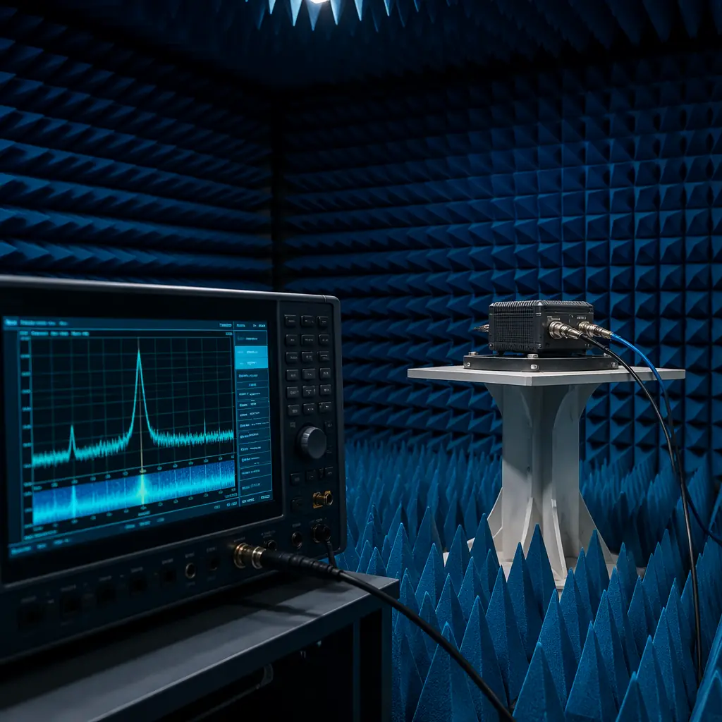 UAV communications module undergoing radiated emissions testing in an anechoic chamber, spectrum analyzer display showing compliance with EN 300 328 limits, dark technical testing lab aesthetic