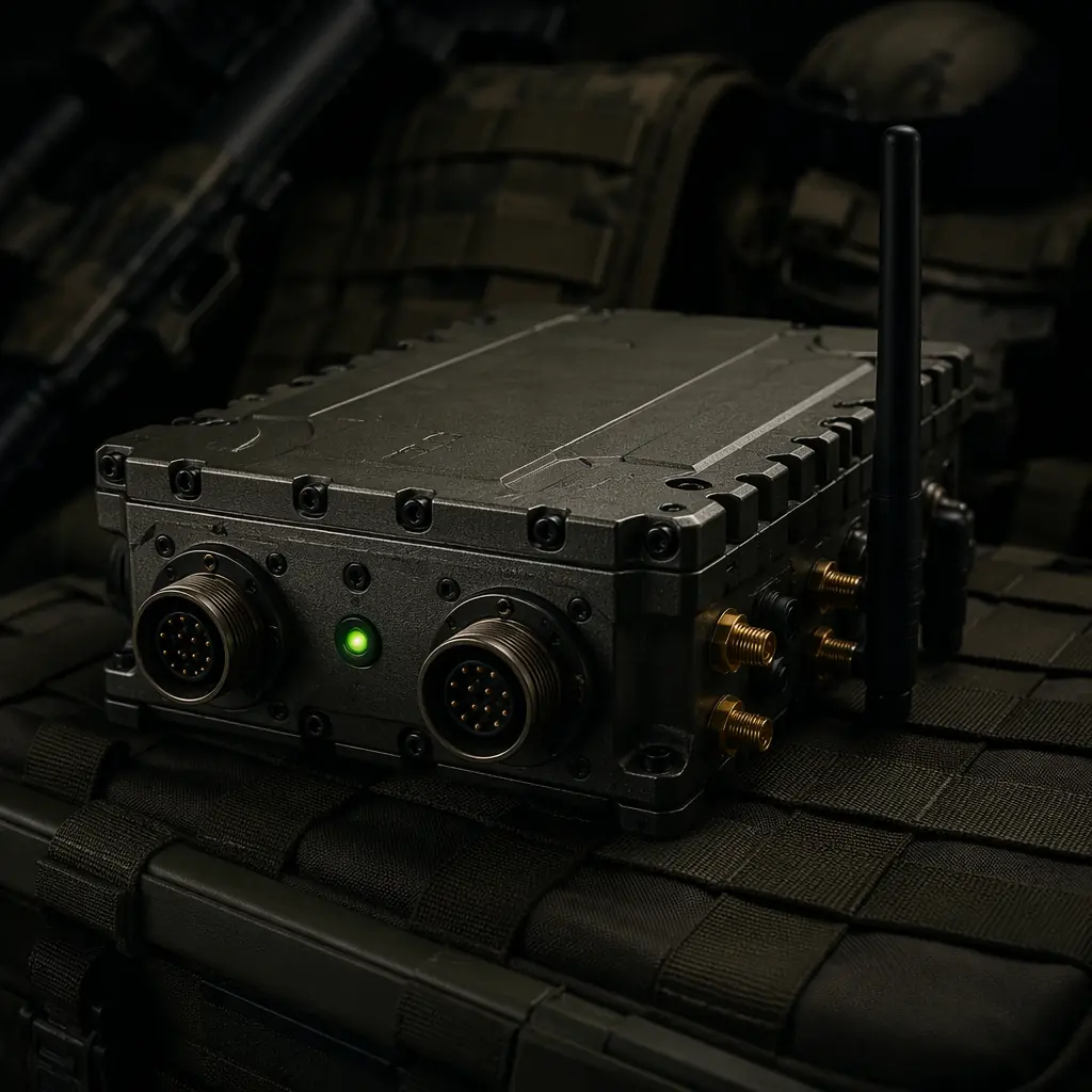 Ruggedized encrypted data link module with AES-256 baseband encryption and FHSS anti-jamming waveform capability, dark tactical electronics bench