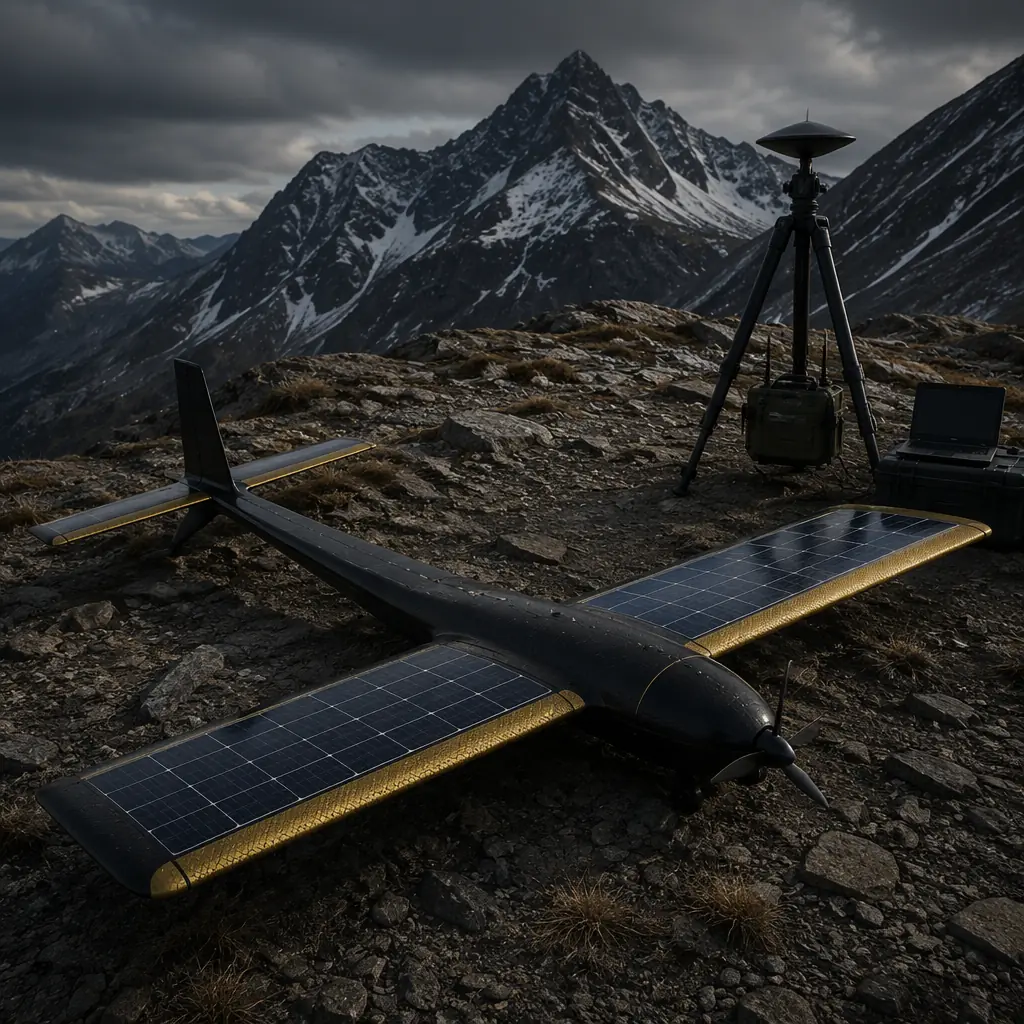 Fixed-wing environmental monitoring UAV with solar panels on wing surface and sensor payload bay, Kevlar leading edge visible, alpine deployment setting