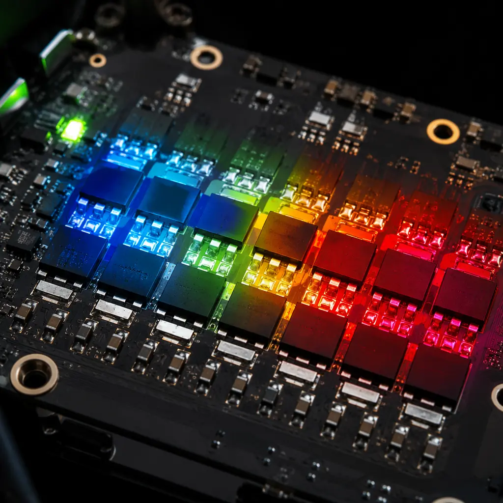 Close-up thermal inspection concept — UAV ESC MOSFET array with heat signature overlay showing thermal distribution across half-bridge stages