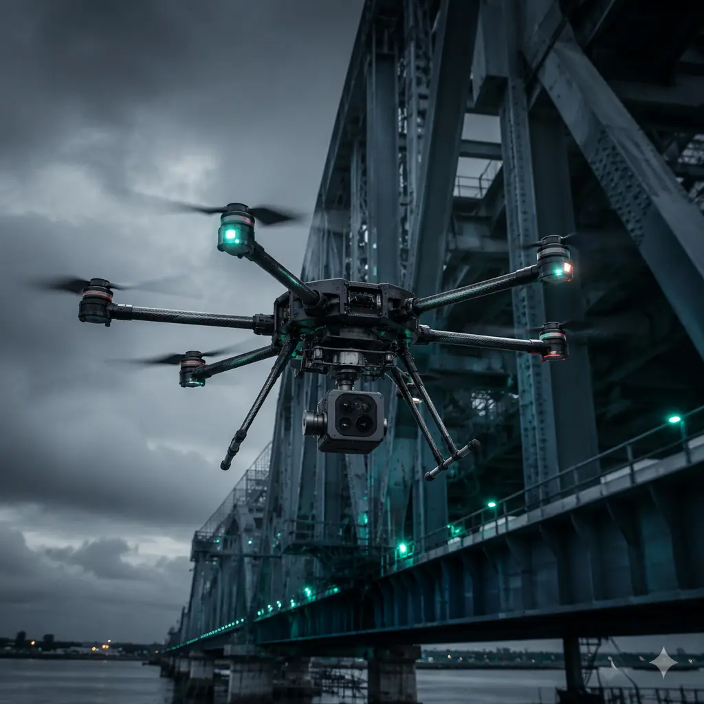Industrial drone in flight near a bridge inspection site — carbon fiber airframe with dual-sensor payload, dark sky background with structural silhouettes