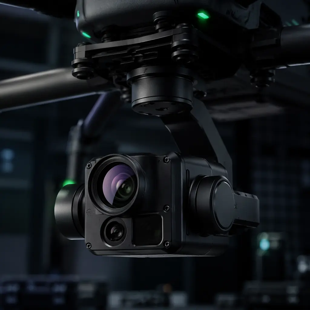 Close-up of thermal camera gimbal mounted on UAV with heat signature overlay concept, dark industrial aesthetic