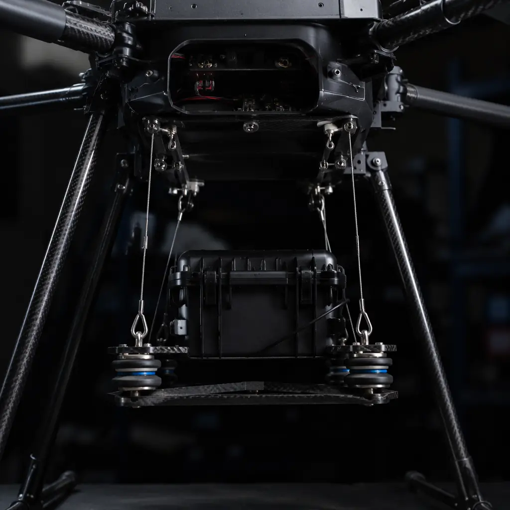 Cargo bay with four-point winch release mechanism and vibration-isolated payload compartment for delivery drone, dark technical aesthetic