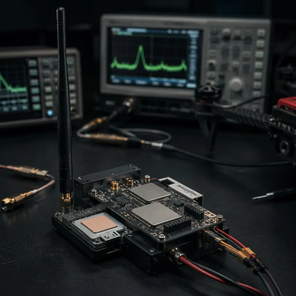 Dual-band UAV communication module with 868 MHz telemetry radio and 4G/LTE modem mounted on drone, dark electronics aesthetic