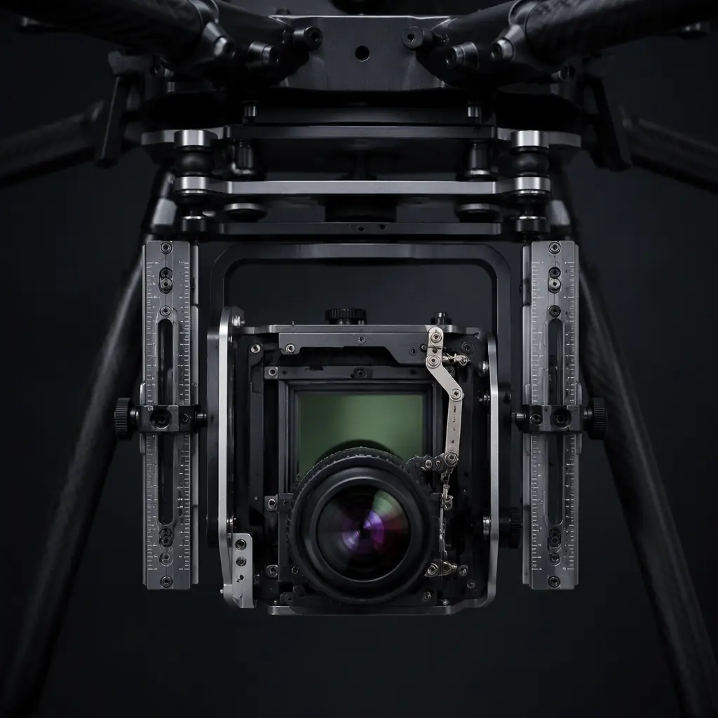 Professional mapping camera with survey-grade lens mounted on UAV nadir payload bracket, dark technical studio lighting