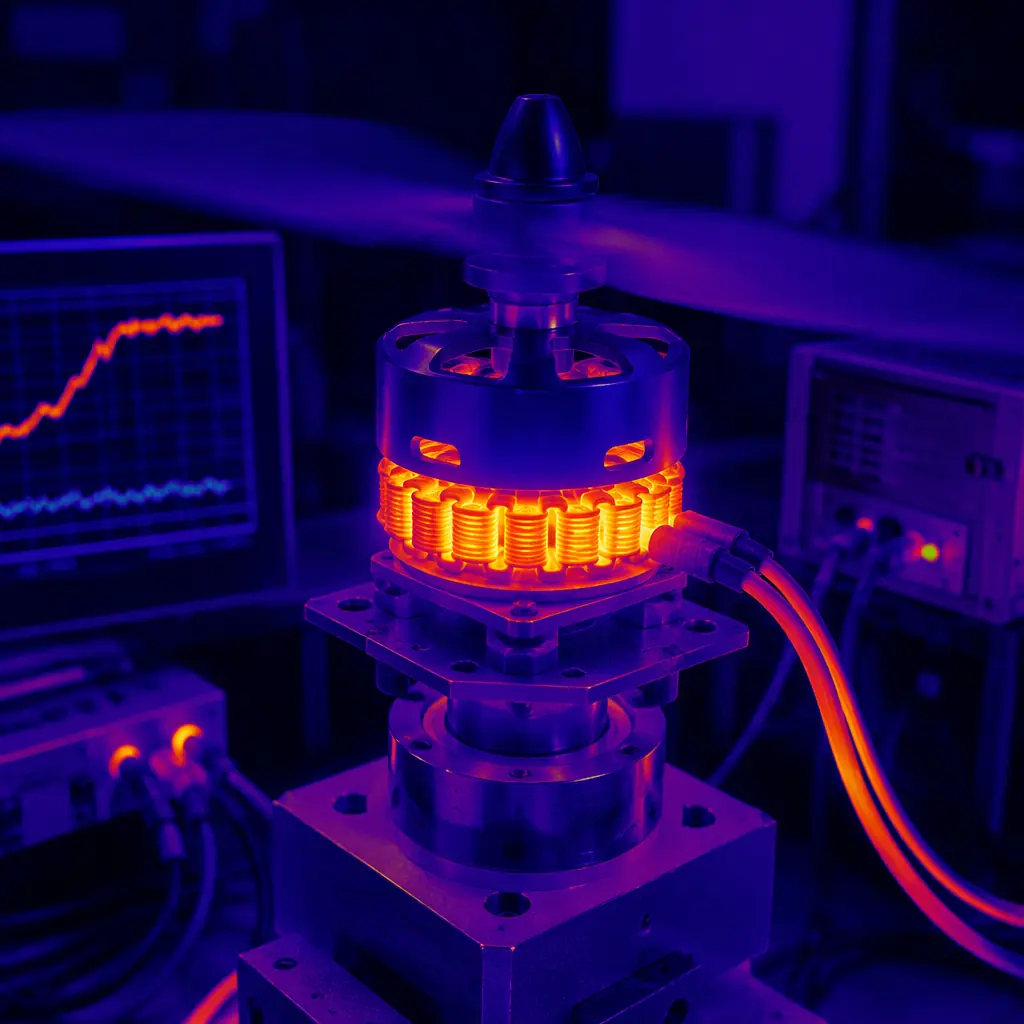Thermal camera view of UAV brushless motor under load on test stand — bright heat concentration at stator windings, cooler rotor bell with propeller mounted above, thrust sensor and power supply cables visible, engineering test laboratory aesthetic