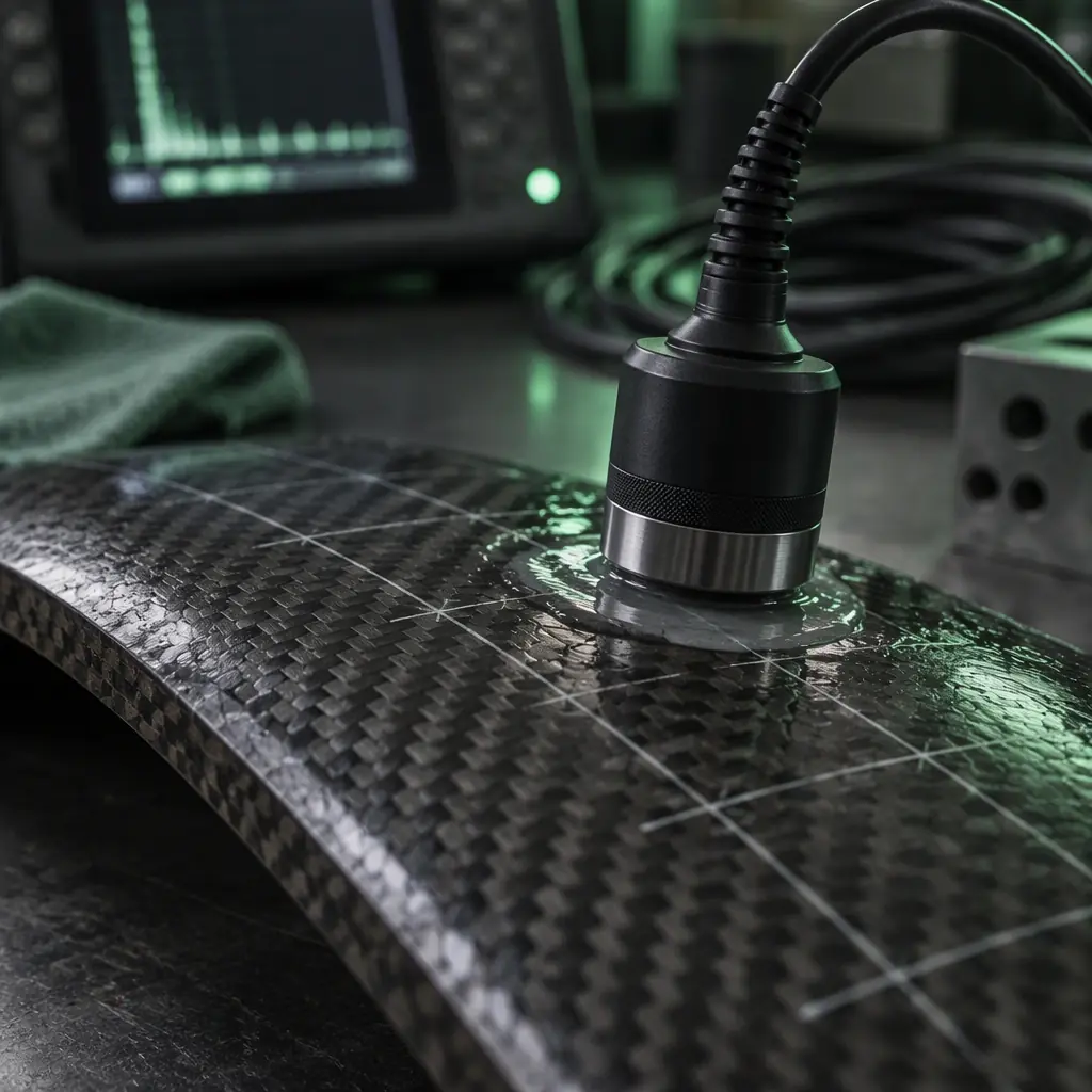 Handheld ultrasonic probe with a couplant film pressed against a curved carbon fiber laminate panel on a workshop bench, scan grid marked on the surface, connector harness and instrument display glow in the background, deep green and grey palette, no people faces, no text, no logos
