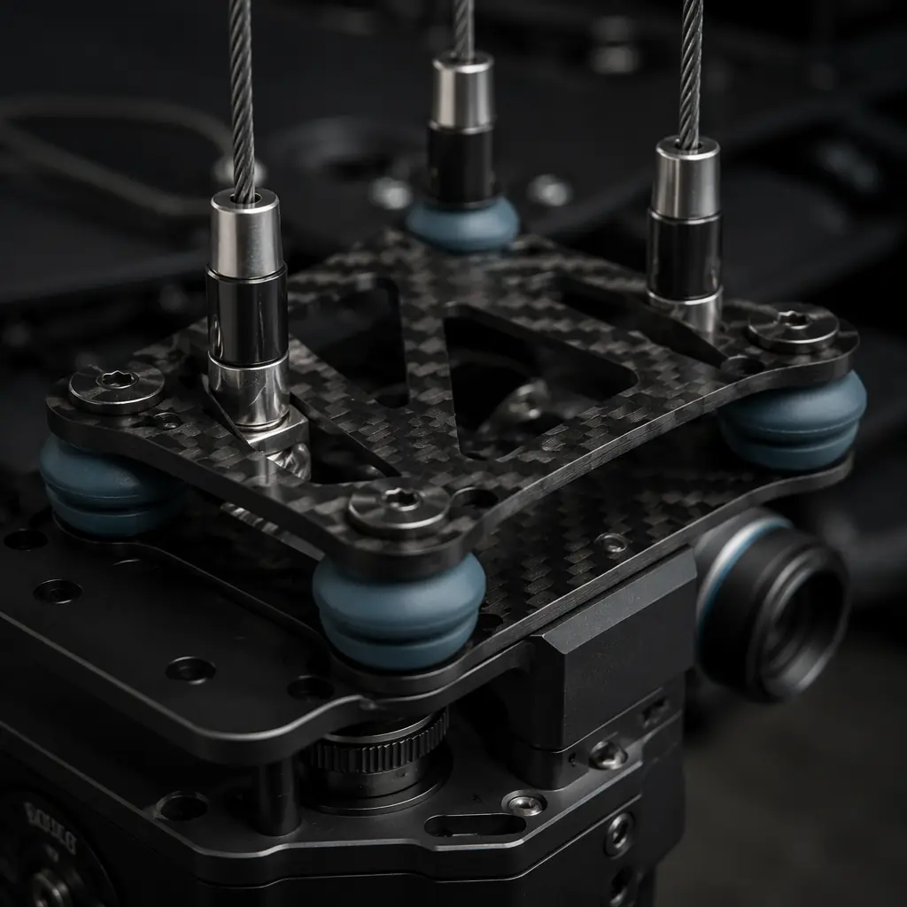 Close-up of vibration-dampened payload mounting rail on UAV with wire rope isolators and carbon fiber bracket