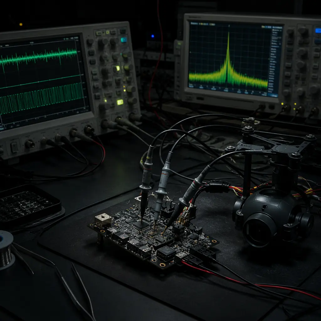 UAV payload testing bench with spectrum analyzer, oscilloscope and gimbal under electromagnetic compatibility test