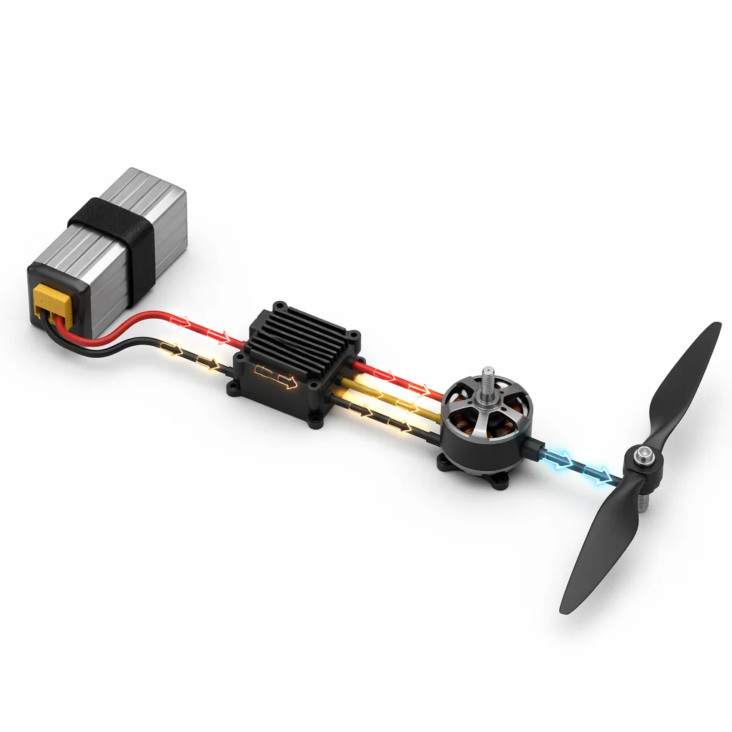 Complete UAV powertrain chain showing flight controller, ESC, motor, and propeller connected on test bench