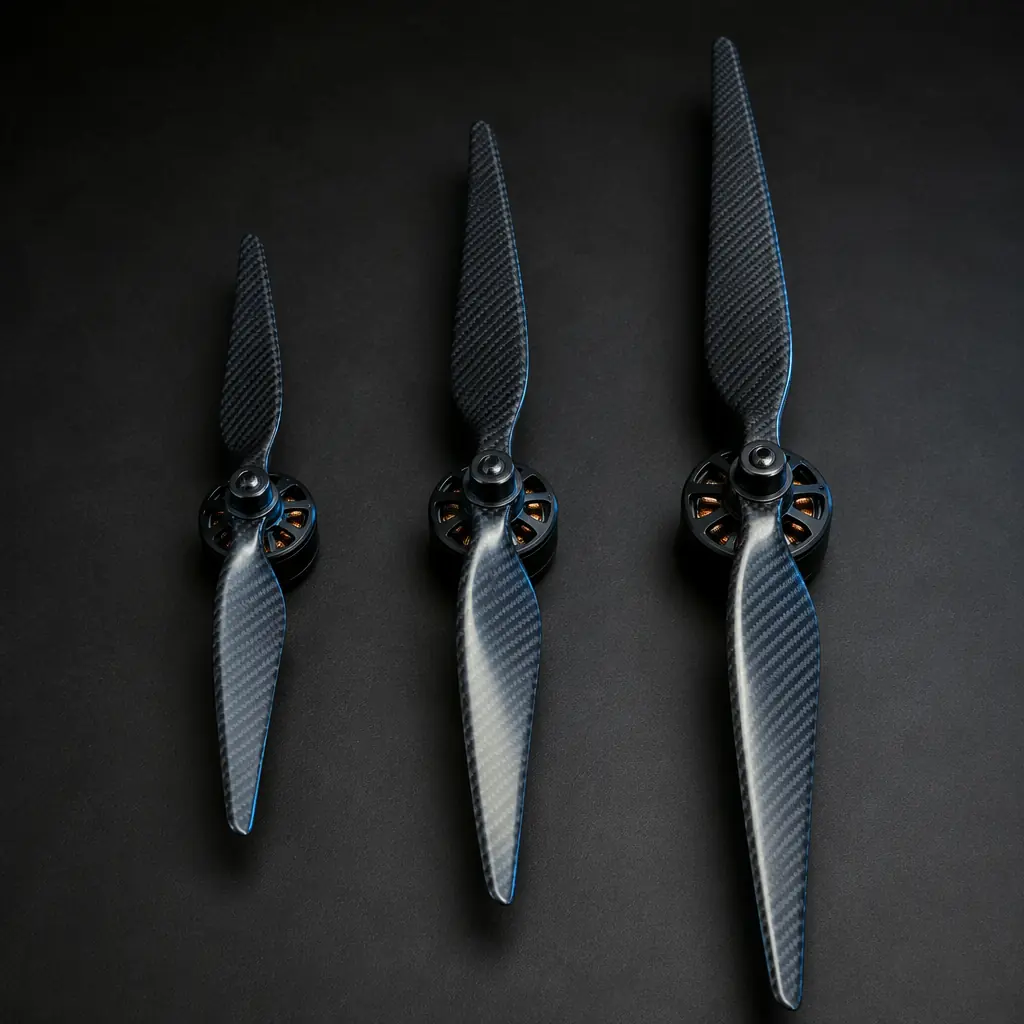 Photorealistic 3D render showing three UAV propellers of different diameters — 12-inch, 15-inch and 18-inch — mounted on identical motor bells against a dark studio background, with subtle green accent lighting highlighting the carbon fiber weave pattern