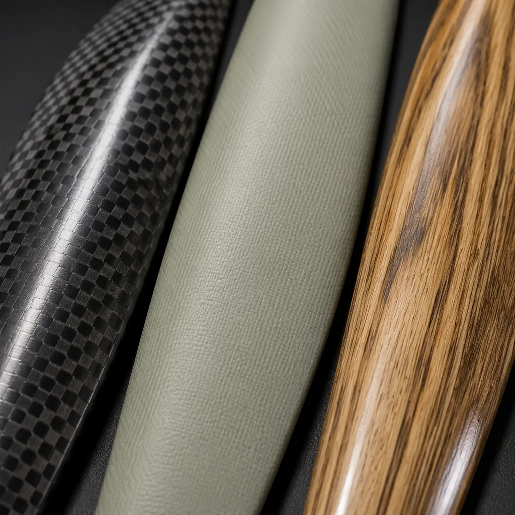 Close-up macro photography of three UAV propeller materials — carbon fiber weave surface, glass-reinforced nylon with mold texture, and laminated wood composite with visible grain — arranged on dark studio surface with side lighting highlighting surface finish differences, professional aerospace materials aesthetic