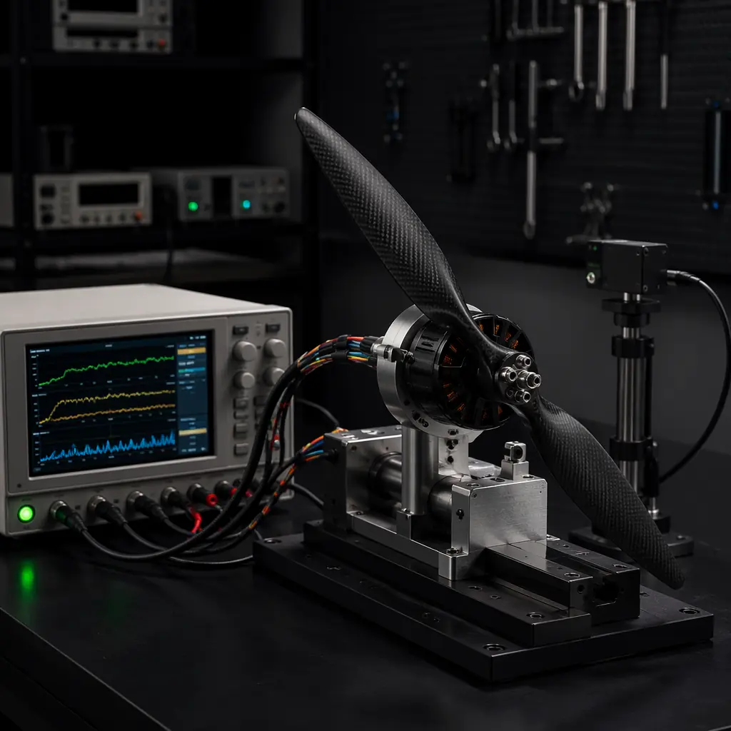 Professional UAV propeller thrust test stand — carbon fiber propeller mounted on brushless motor with load cell and optical RPM sensor, power analyzer displaying real-time current and thrust data on dark laboratory bench, precision aerospace testing aesthetic