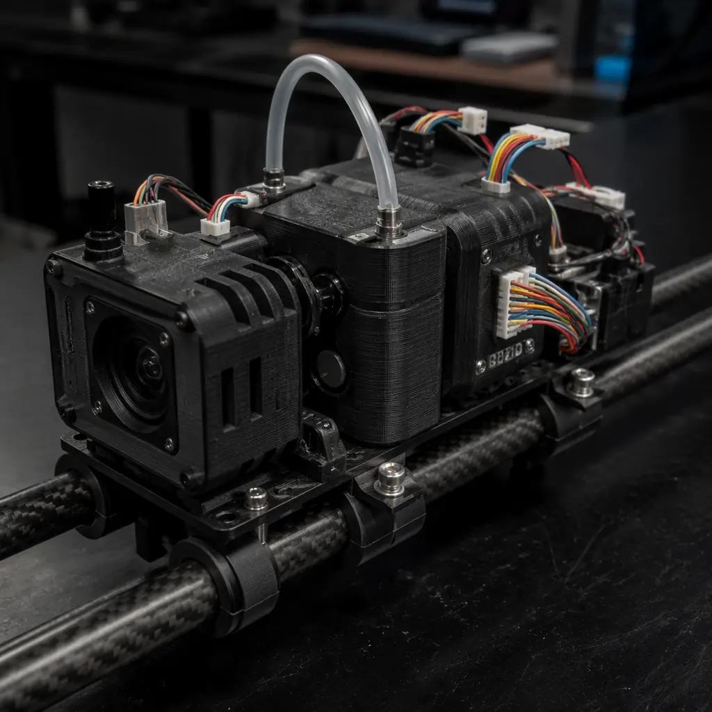 Research sensor payload array with multispectral camera, gas sampling intake and custom 3D-printed housing mounted on UAV payload rails, laboratory setting