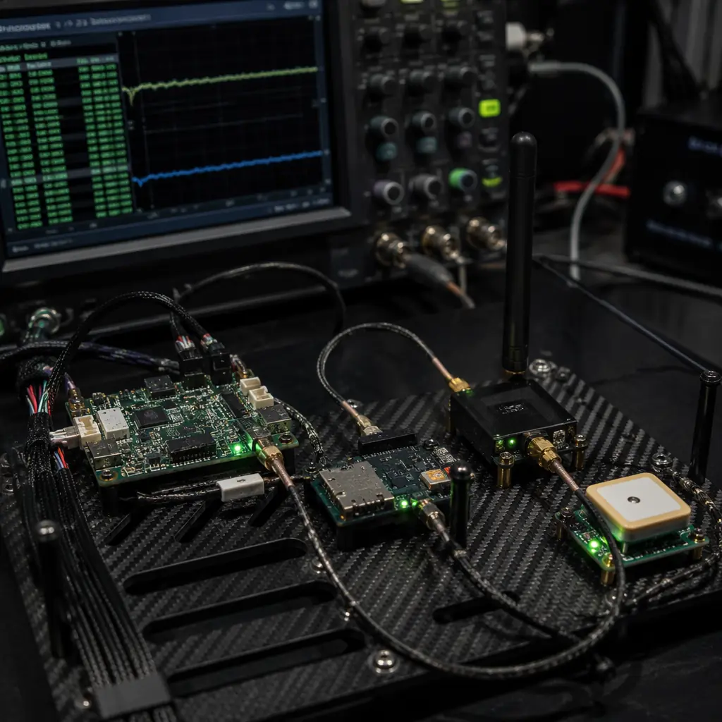 Research UAV telemetry and data logging system with companion computer, GNSS module with PPS signal, and SD card logger on dark engineering workbench