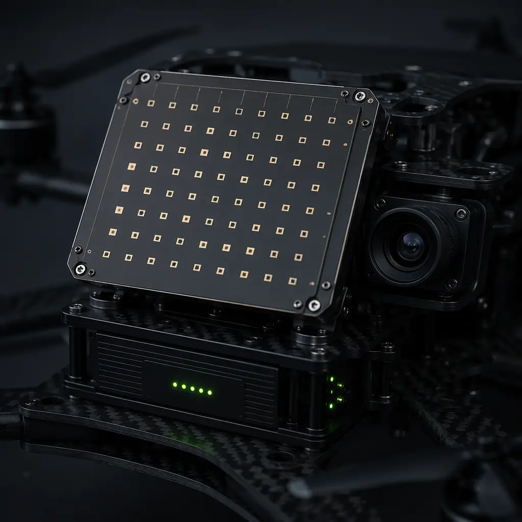 Compact phased-array radar module for UAV detect-and-avoid, mounted on carbon fiber airframe with FPV camera and processing unit visible, dark aerospace engineering aesthetic with signal green indicator lights