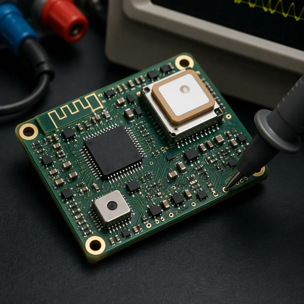 Compact Remote ID broadcast module PCB with BLE SoC, u-blox GNSS receiver module, chip antenna with impedance matching network, and barometric pressure sensor, dark engineering workbench with oscilloscope probe, precision electronics aesthetic
