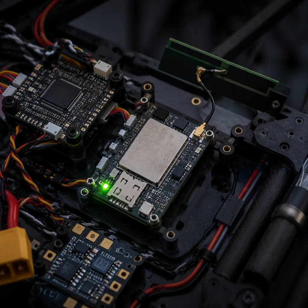 4G LTE cellular modem module on UAV avionics board with integrated GNSS antenna, SIM card slot, and U.FL antenna connector, surrounded by flight controller and power distribution wiring, drone integration aesthetic
