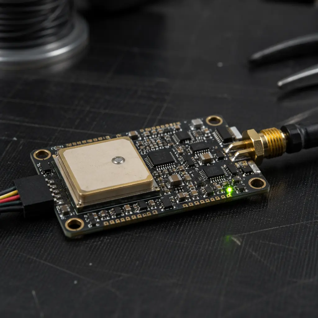 UAV telemetry radio module with antenna on engineering test bench, dark tech aesthetic with green accent lighting