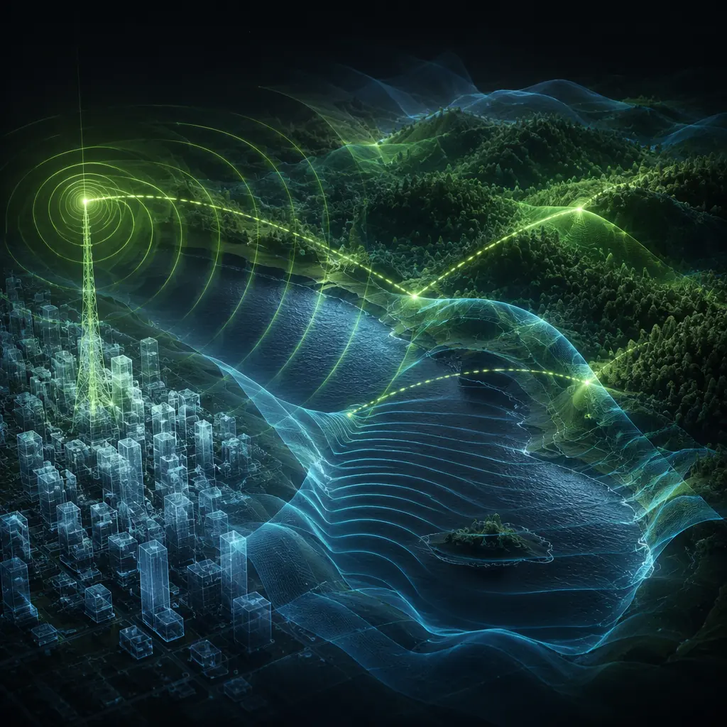 Radio signal waves propagating across varied terrain — urban, water, forested hills — with signal paths bending and reflecting