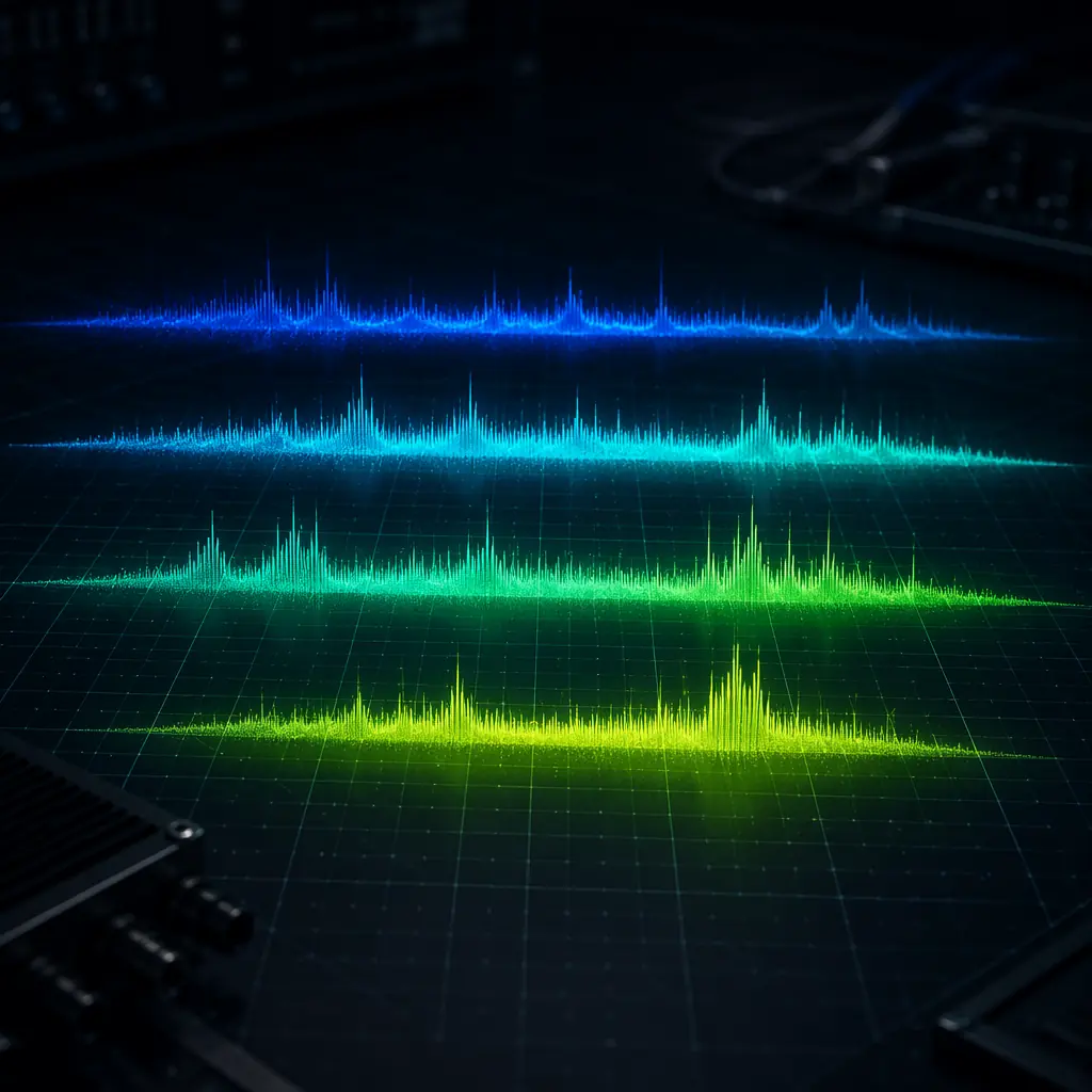 Abstract visualization of RF spectrum with four frequency bands highlighted in signal green against dark background