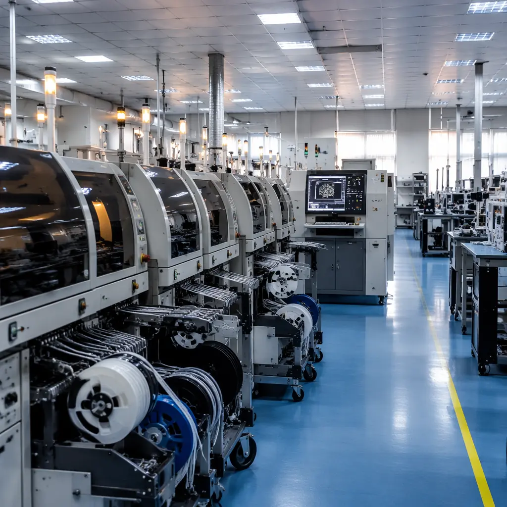 Modern electronics assembly facility with SMT lines and AOI quality inspection station