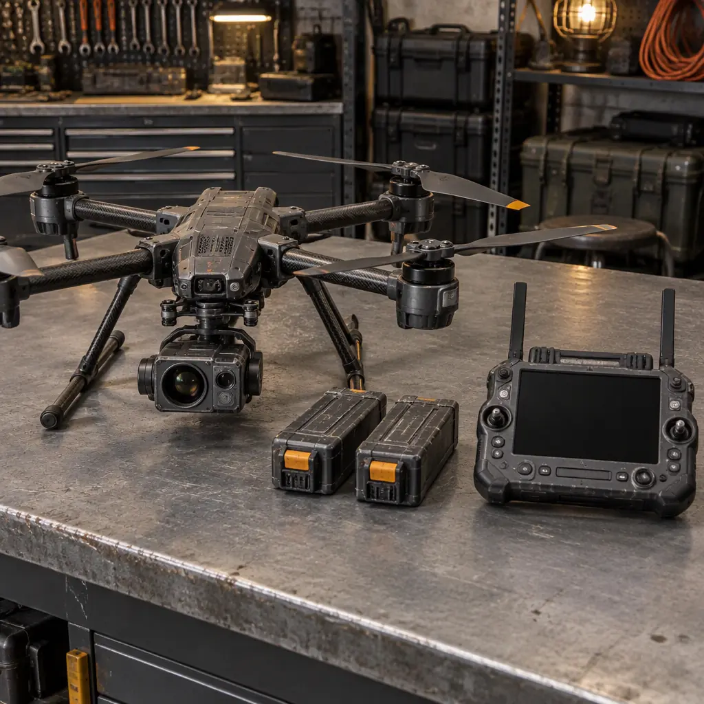 SAR UAV airframe, thermal payload and ground station components laid out on a workshop bench