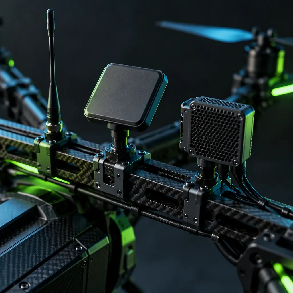 Three antennas mounted on a drone airframe rail: whip telemetry antenna, flat patch video antenna and a mesh LTE module