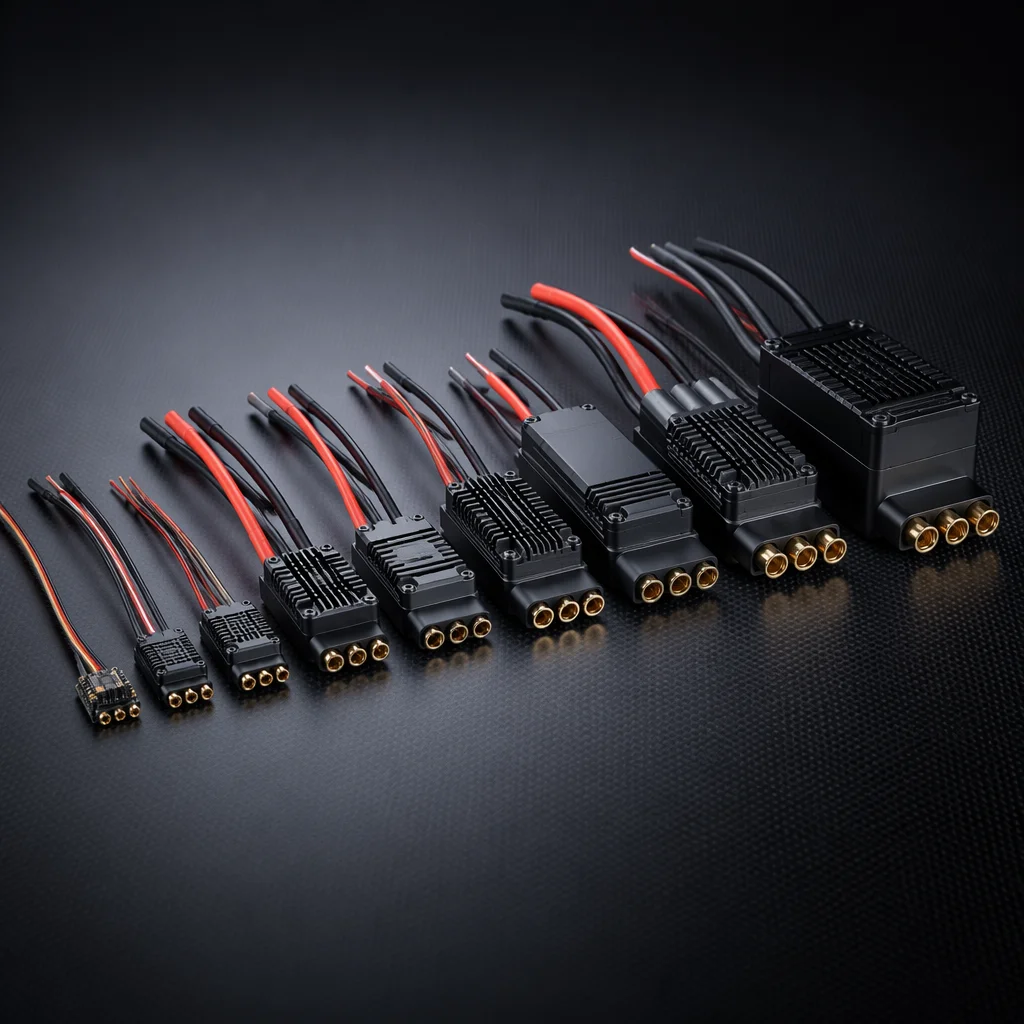 Electronic speed controller with MOSFET array, capacitor bank, and signal input pads on engineering bench