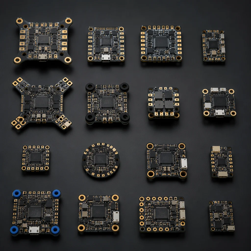 Close-up of industrial flight controller PCB with IMU sensor, processor, and interface pin headers