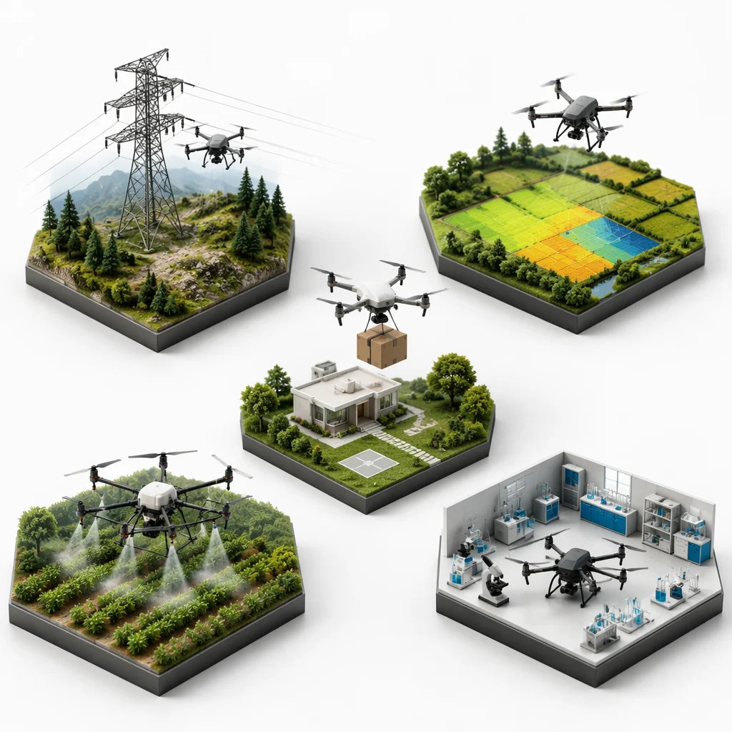 Split composition showing five UAV application sectors — inspection, mapping, logistics, agriculture, and research