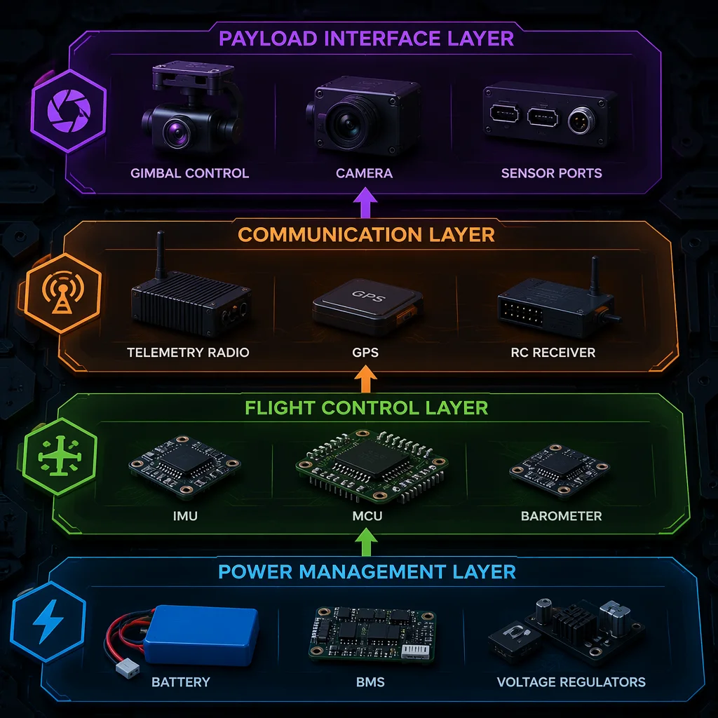 Unlabeled conceptual diagram of a layered UAV architecture