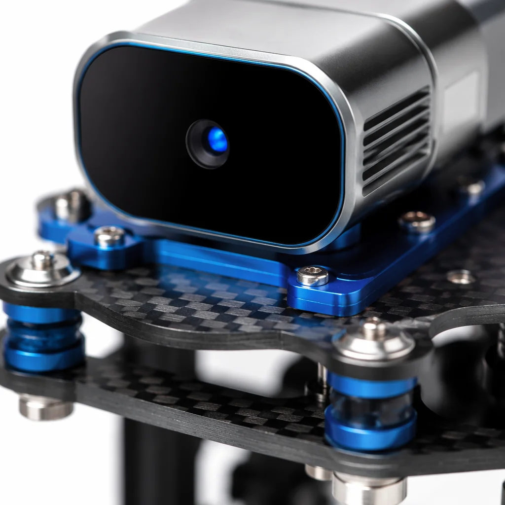 Close-up of LiDAR sensor mounted on vibration-dampened gimbal plate