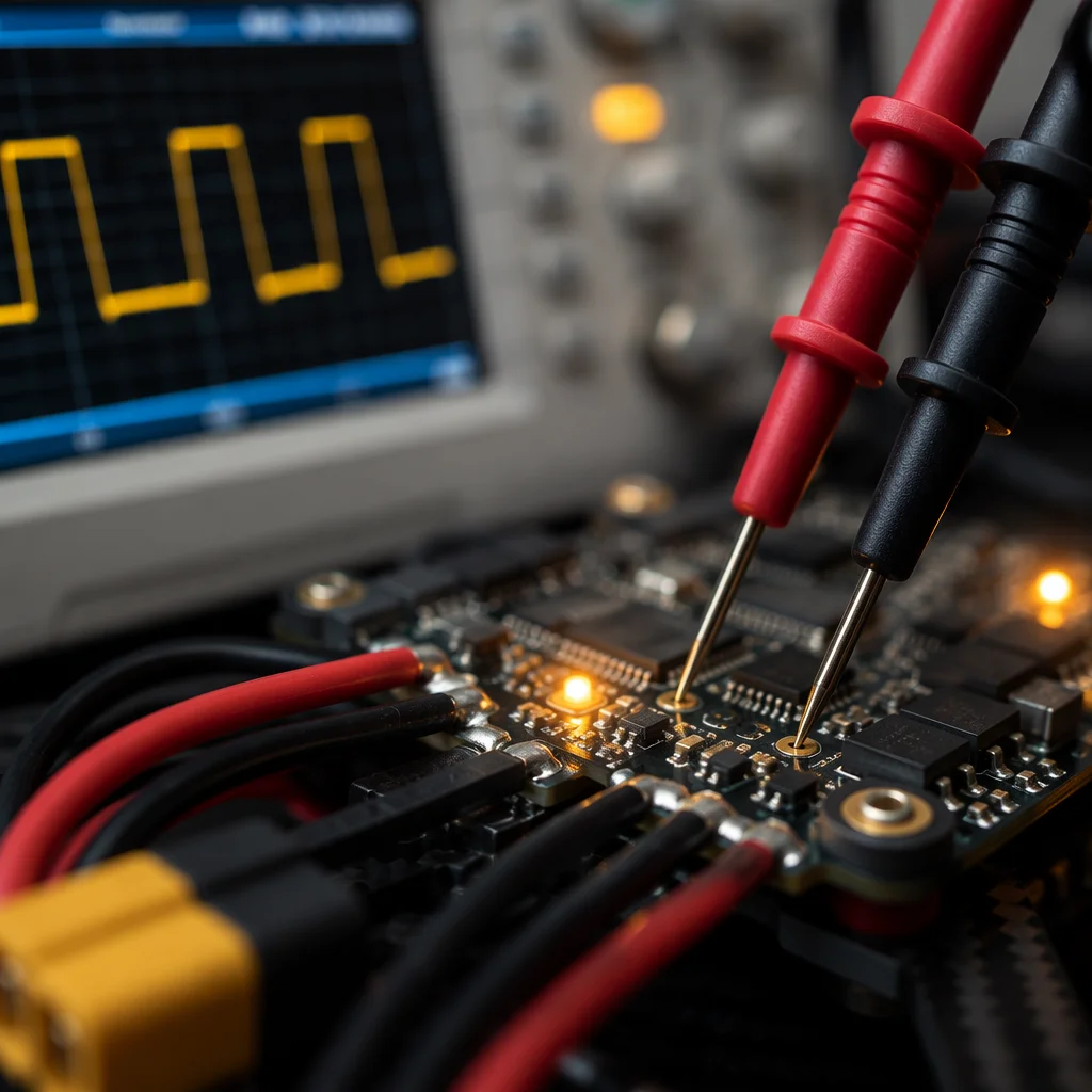 Close-up of digital multimeter probes testing UAV power board test points with oscilloscope in background