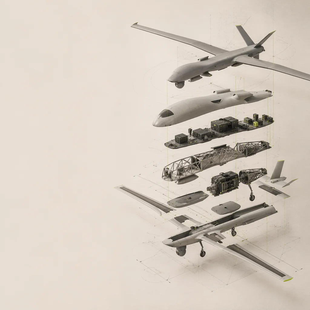 Conceptual aerospace engineering workspace with UAV system references
