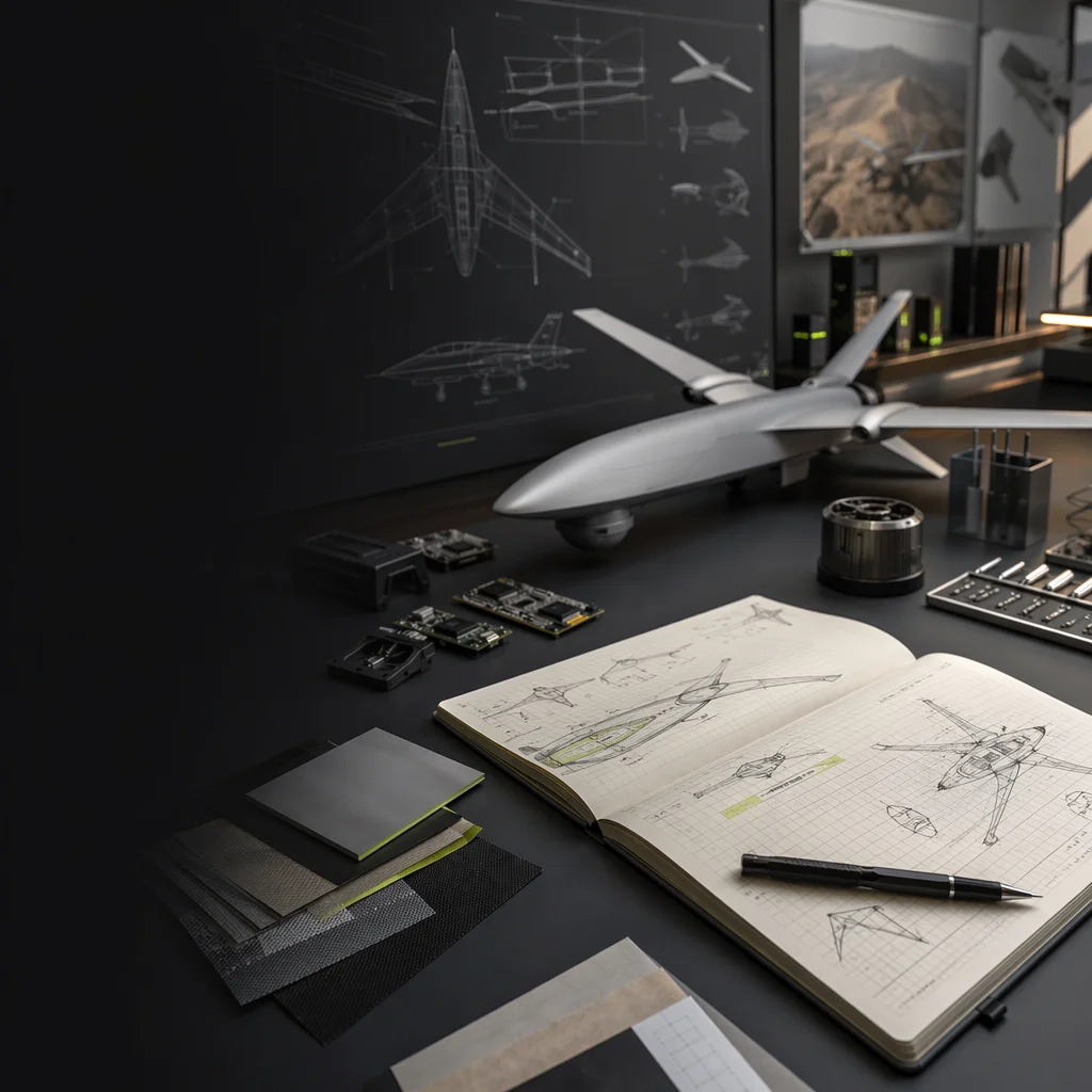 Conceptual editorial workspace with UAV schematics and component references