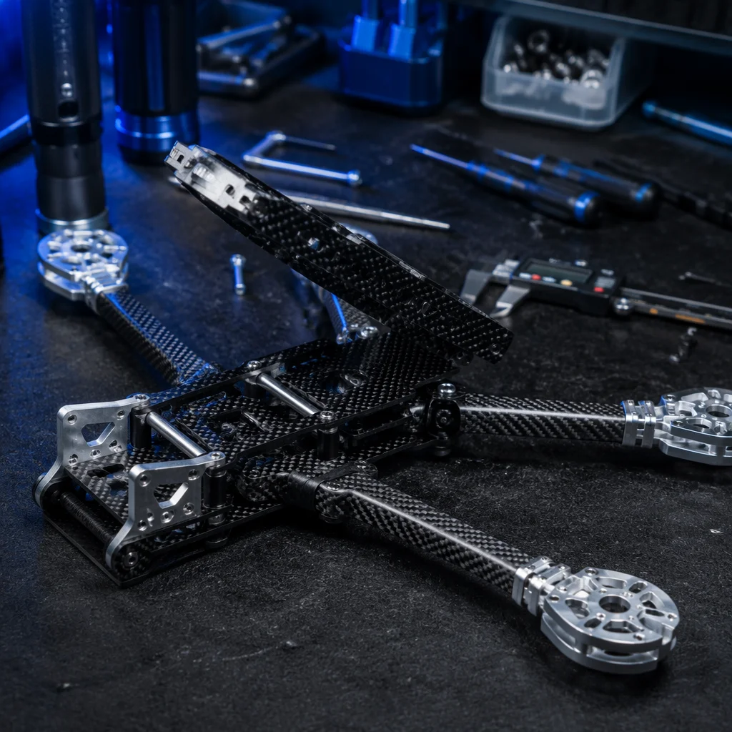 Conceptual UAV airframe structure with carbon fiber arms and center plates